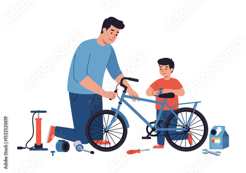 Father and son fixing bicycle together tools surrounding modern flat design isolated on white background