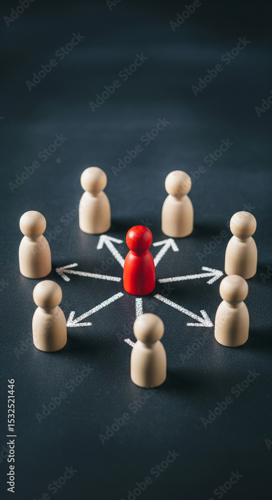 Obraz premium Red wooden figure surrounded by beige figures on dark surface, arrows connecting them, showcasing leadership, teamwork, or network concept