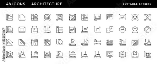 Architectural planning icon collection. Planning, scheme, dimension, project, measurement, floor plan and more. Editable stroke. Pixel Perfect. Grid base 32 x 32.