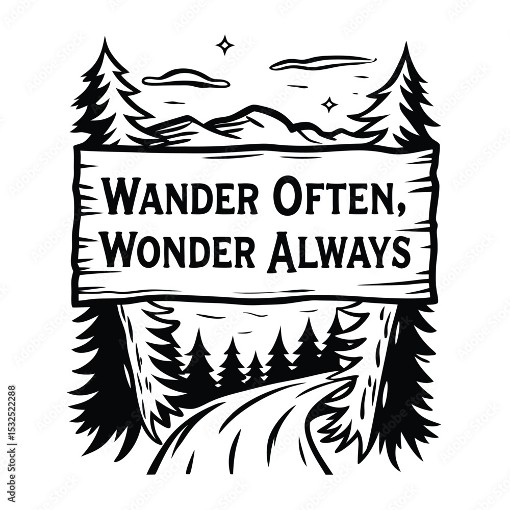 Fototapeta premium Black and White Forest Landscape with Mountain Range, Trees, Road, and Typography