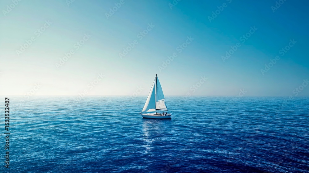 Fototapeta premium A tiny sailboat navigates the calm, endless sea, embraced by a clear blue sky. This serene moment captures the essence of adventure and solitude in nature's vast expanse