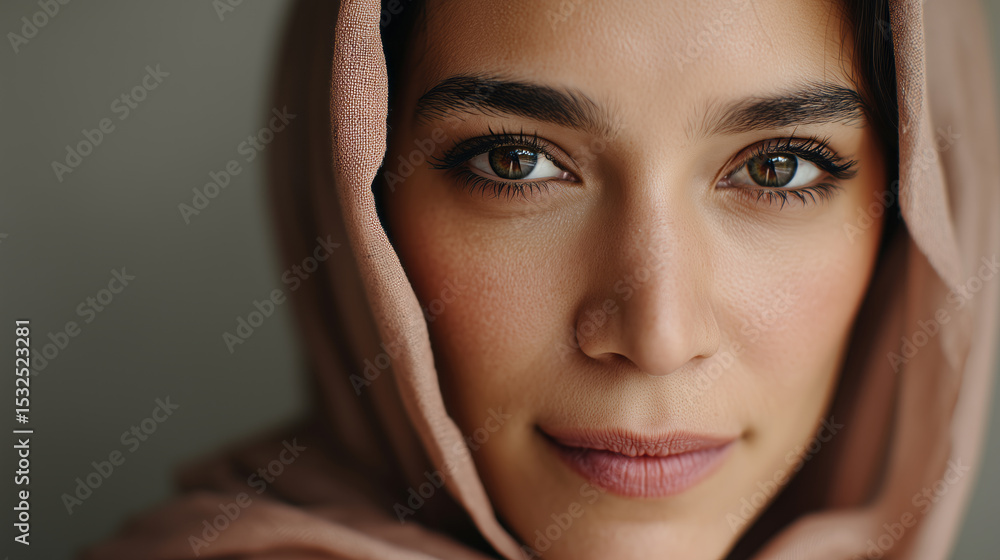 Close-up of a serene woman in a softly colored hijab Close-up of a serene woman in a softly colored hijab