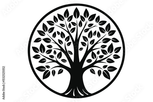 Black Silhouette of a Leafy Tree Inside a Black Circle Border Design