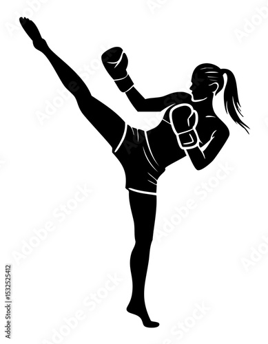 Female Kickboxer Silhouette Performing High Kick Martial Arts Pose