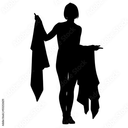 Silhouette of person holding garments, eco-friendly fashion innovation, copyspace