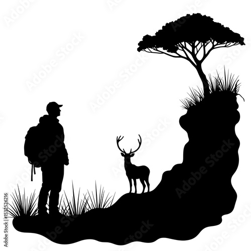 Silhouette of traveler with deer under tree, nature observation and wildlife exploration