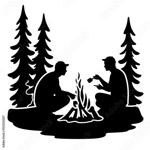Silhouette of two campers cooking over fire in forest, wilderness skills and self-sufficiency