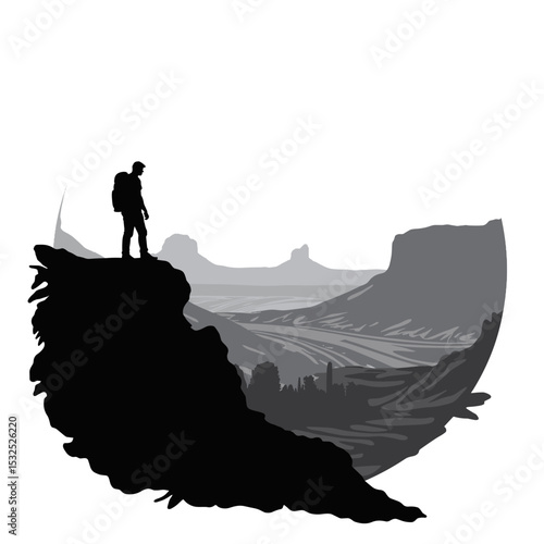 Silhouette of hiker atop cliff with vast desert view, adventure and isolation