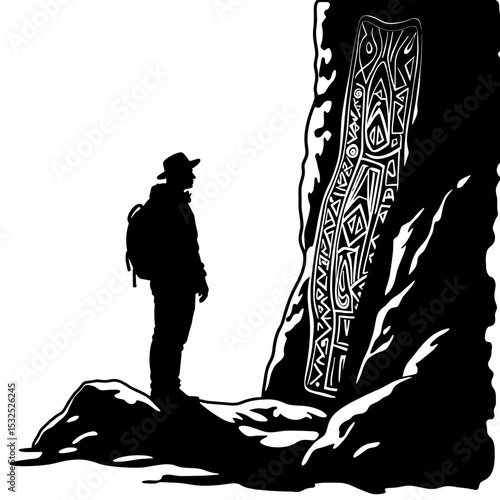 Silhouette of explorer examining ancient carvings on rock face, historical discovery