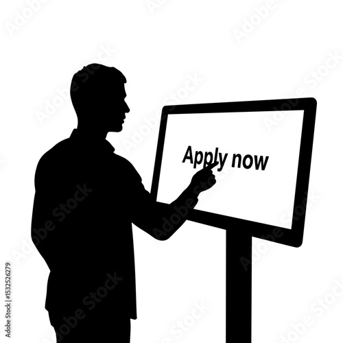 Silhouette of person clicking 'apply now' on monitor, job search initiative