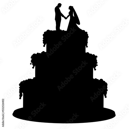 Silhouette of wedding cake with figurines, romantic celebration nostalgia