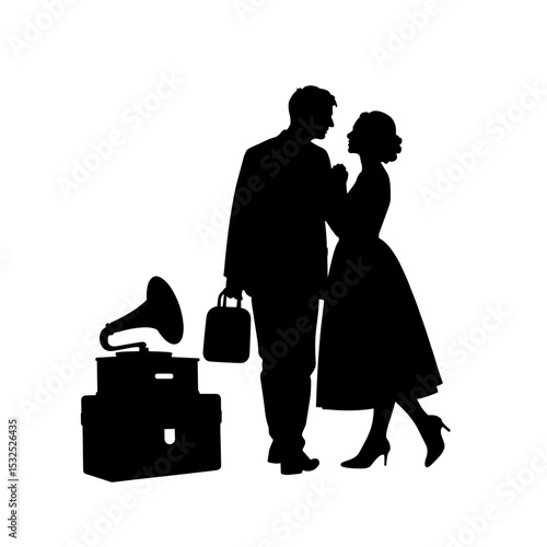 Silhouette couple with gramophone and suitcases, vintage travel nostalgia