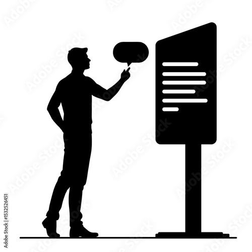 Silhouette of person interacting with digital interface, decision-making technology