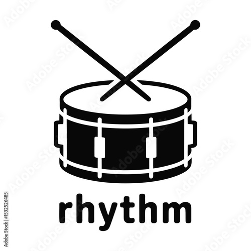 Simple black drum icon with drumsticks and rhythm text