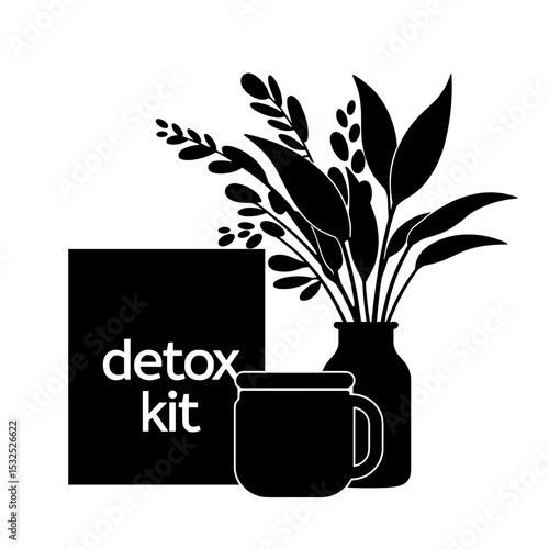 Silhouette of detox kit ingredients with herbal leaves on white background, wellness