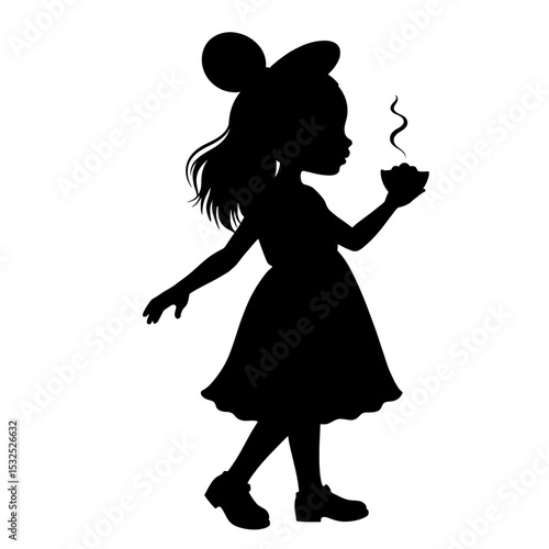 Silhouette of girl holding steaming cup, youthful energy and playfulness