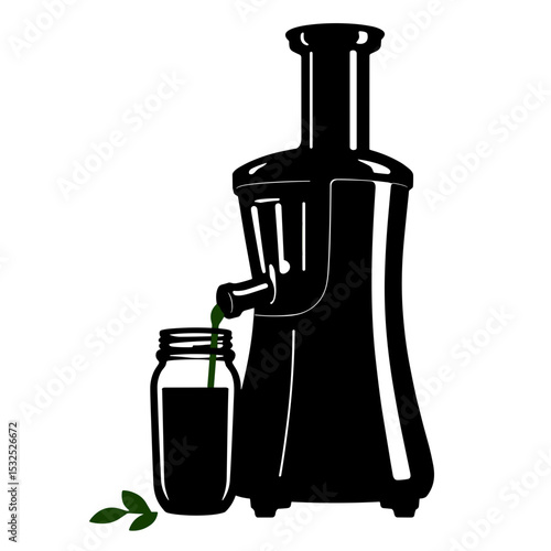 Silhouette of juicer dripping greens into mason jar, pure extraction and simplicity