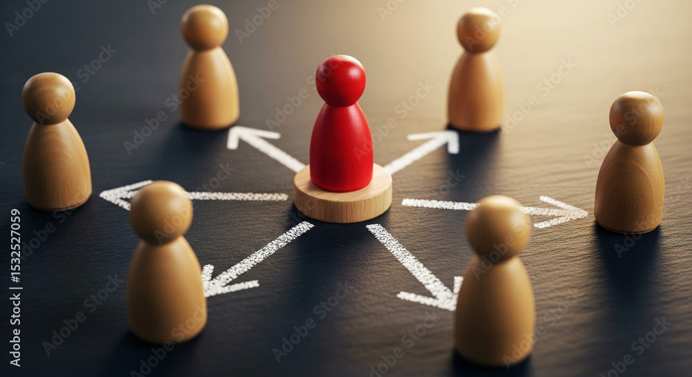 Obraz premium Red wooden figure at center, surrounded by beige figures, connected by white arrows on dark surface, symbolizing leadership, teamwork or communication