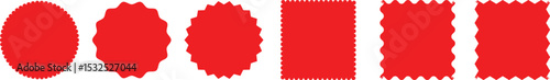 Set of red starburst. Price sticker, sale sticker, price tag, starburst, quality mark, retro stars, sale. Circle sticker set. Wavy edge promo red badges. Star burst shape tags for price. Red sale tag