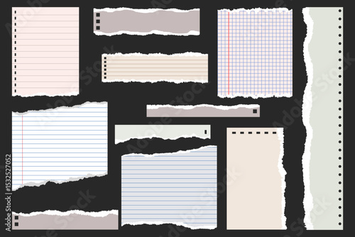 Ripped paper strips. Realistic crumpled paper scraps with torn edges. Shreds of notebook, book or old newspaper pages. Trendy collage elements