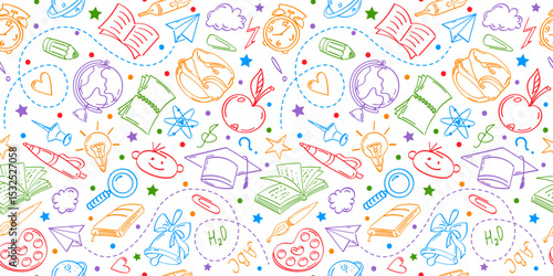 Seamless pattern with conceptual pictograms on the theme of education, contour drawings by hand. Suitable for covers, wrapping paper, backgrounds.
