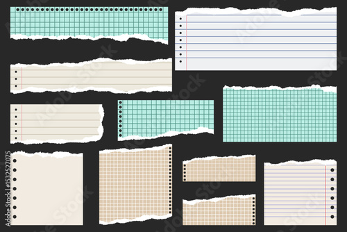 Ripped paper strips. Realistic crumpled paper scraps with torn edges. Shreds of notebook, book or old newspaper pages.