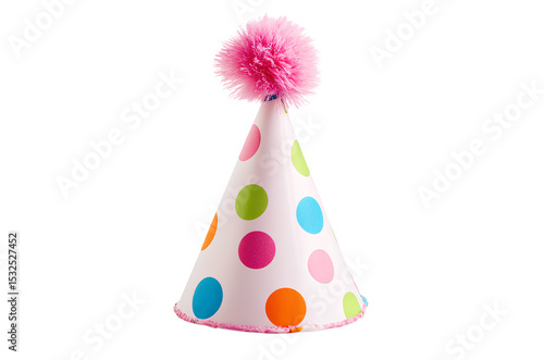  A colorful birthday hat with multicolored polka dots and pink pom-poms on top, isolated against a white background.  