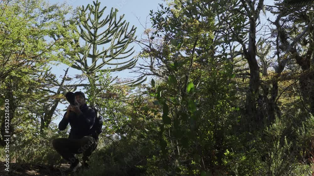 Nature photographer with araucaria trees taking shots in Patagonian forest looking for wildlife Nature photographer with araucaria trees taking shots in Patagonian forest looking for wildlife
