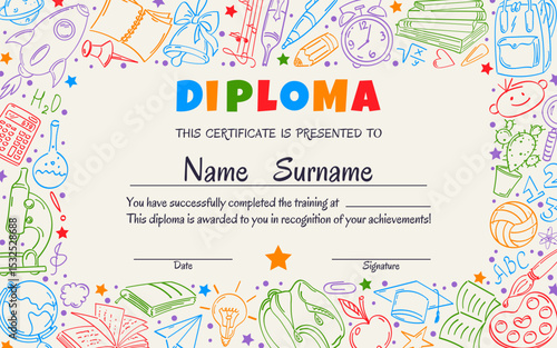School or preschool certificate for students and schoolchildren with a frame of elements of the contour pattern.