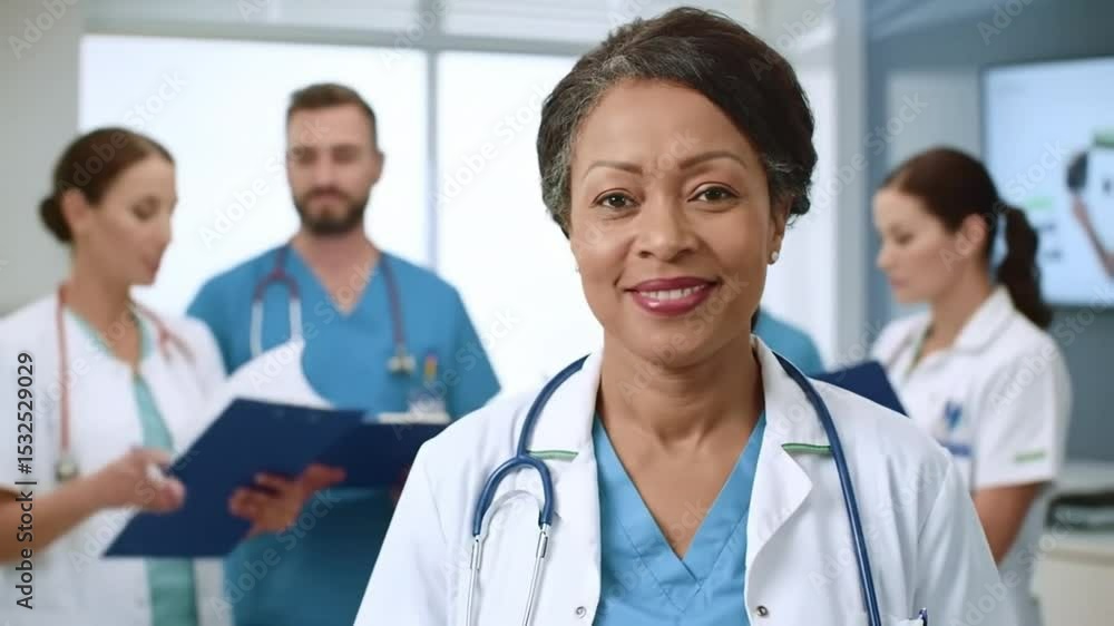 Smiling Mature African American Female Doctor with Stethoscope, Diverse Healthcare Team in Modern Hospital Background Smiling Mature African American Female Doctor with Stethoscope, Diverse Healthcare Team in Modern Hospital Background
