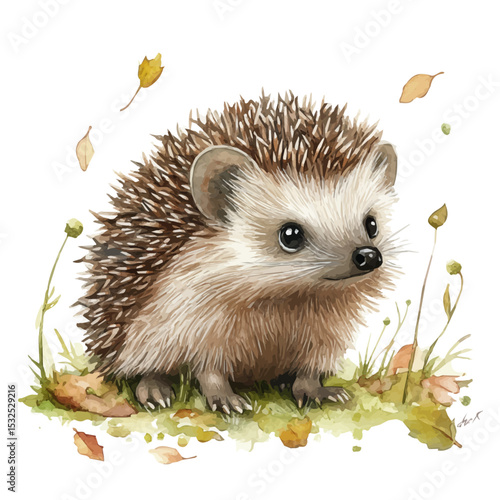 Baby Hedgehog Moss Petals, watercolor drawing vector, isolated on a white background.