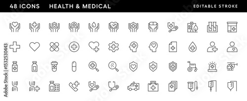 Medical and health icon collection. Healthcare, hospitality, medical, pharmacy, clinical, drug, therapy, treatment and more. Editable stroke. Pixel Perfect. Grid base 32 x 32.
