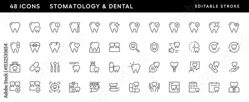 Dental and dentistry icon collection. Dentistry, implant, treatment, dental equipment, tooth care, teeth protection and more. Editable stroke. Pixel Perfect. Grid base 32 x 32.