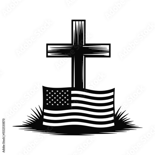 American flag and cross grave memorial
