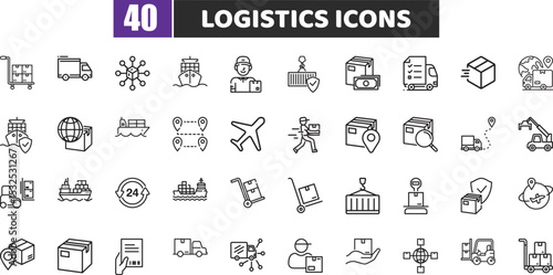 Logistics Icons Set, Delivery, Shipping, Transport, Cargo, Warehouse Vector Pack