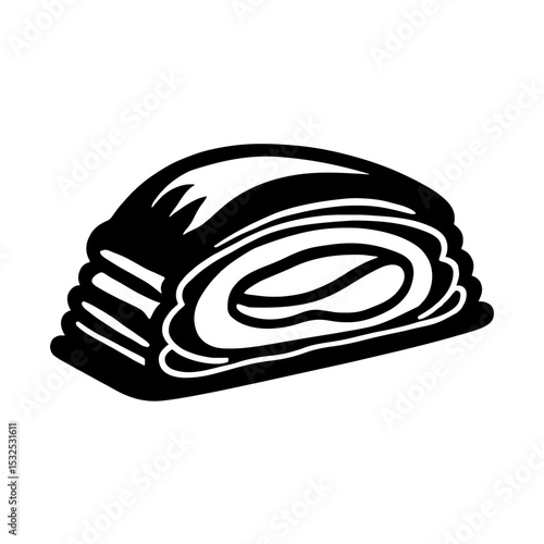 Minimalist black silhouette of a slice of strudel with apple filling on white background
