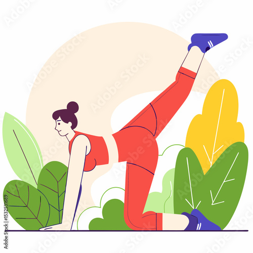 Woman Doing Donkey Kick Exercise Outdoors Flat Vector