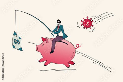 Businessman riding piggy bank fishing for money during pandemic