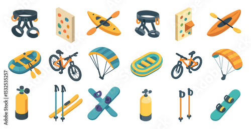 Adventure and sports isometric icons set – outdoors, activity, extreme sports symbols