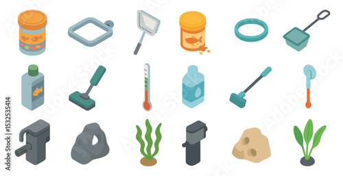 Aquarium and fish tank icons set – isometric, filled, aquatic and water care symbols