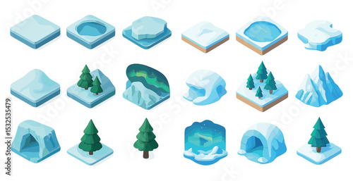 Winter landscape isometric icons set – snow, ice, and arctic environment