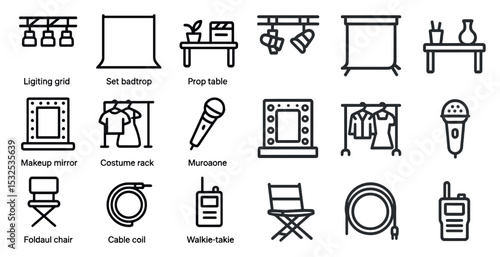 Photography and film outline icons set – studio, equipment, creative tools symbols