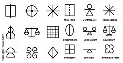 Geometry and balance line icons set – outline, symmetry, design elements