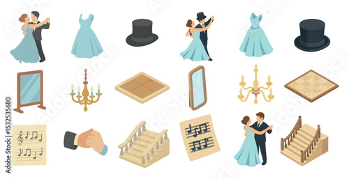 Elegant wedding isometric icons set – 3d, couple dance, romantic symbols