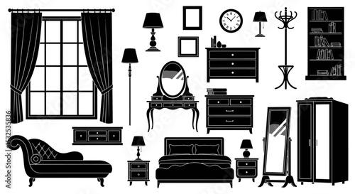 Black silhouette illustration of various bedroom and living room furniture pieces