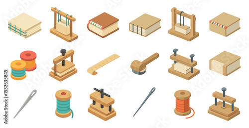 Bookbinding tools isometric icons set – flat, crafting and handmade art symbols