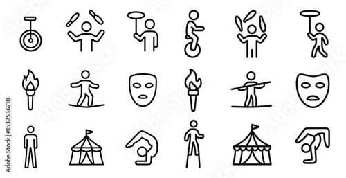Circus and performance line icons set – outline, linear, juggling and acrobat symbols