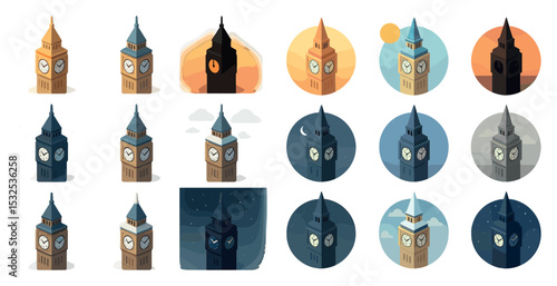 London big ben 3d icons set – isometric, pixel art, clock tower graphics