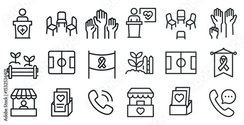 Community engagement outline icons set – volunteer, social, civic participation symbols