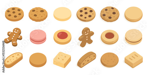Bakery and dessert icons set – isometric, flat, pastry and cookie symbols for chefs